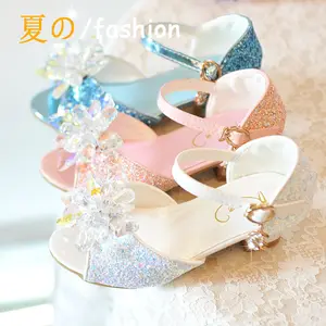 Chaussures fantaisie à paillettes et fleurs en cristal pour fille, chaussures de princesse blanches, roses et bleues à talons hauts pour fête de mariage et de danse