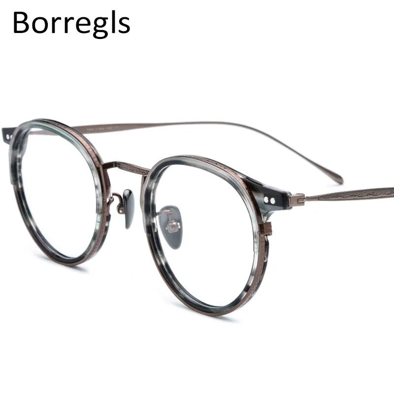 Borregls Titanium Optical Glasses Frame Men Vintage Round Prescription Women Retro Myopia Acetate Eyeglasses 1850