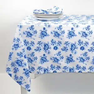 Linho elegante toalhas mesa retangular francês azul branco floral linho toalha para festas de casamento