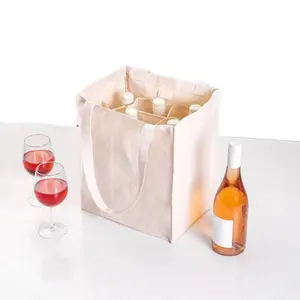 حقيبة نبيذ صديقة للبيئة للبيع بالجملة حقيبة حمل زجاجات من القطن القابل لإعادة الاستخدام، حقيبة لمتاجر النبيذ الأحمر Calico