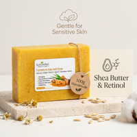 Savon en barre artisanal éclaircissant au curcuma et à l'acide kojique, au beurre de karité et au rétinol, 100g, pour peaux sèches adultes - Exfoliant, rajeunissant, usage quotidien