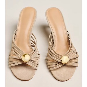Summer Casual Strappy Stiletto <b>Heel</b> Sandals Women Open Round Toe slip on Heeled Sandals with Gold Detail and Pearl Mule Shoes - Product Image 5