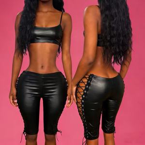 Nuovi <span class=keywords><strong>Pantaloni</strong></span> Aderenti in Ecopelle da <span class=keywords><strong>Donna</strong></span>, Abbigliamento Streetwear, Tinta Unita, Allacciatura con Lacci, Sexy con Dettagli Traforati - Product Image 1