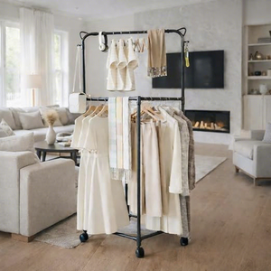 Minimalist Double Tier Clothing <b>Rack</b> With Wheels Metal Storage Holder For Living Room Multifunctional Standing Type - Product Image 1