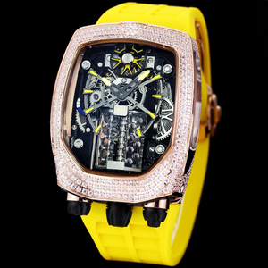 Reloj de Pulsera Deportivo para Hombre, Estilo Deportivo, Correa Amarilla, Caja de Acero Chapada en Oro Rosa, Bisel con Diamantes, Mecanismo Esqueleto, de Lujo - Product Image 1