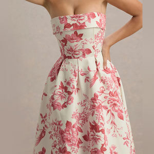 사용자 정의 인쇄 드레스 제조 업체 짠 직물 여성의 접힌 목선 민소매 어깨에서 꽃 인쇄 미디 원피스 - Product Image 3