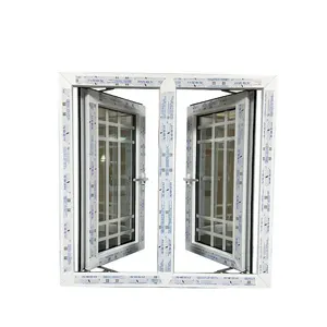 Moderno design casement furacão prova janelas pvc vidros duplos com grill design e mosquiteiro