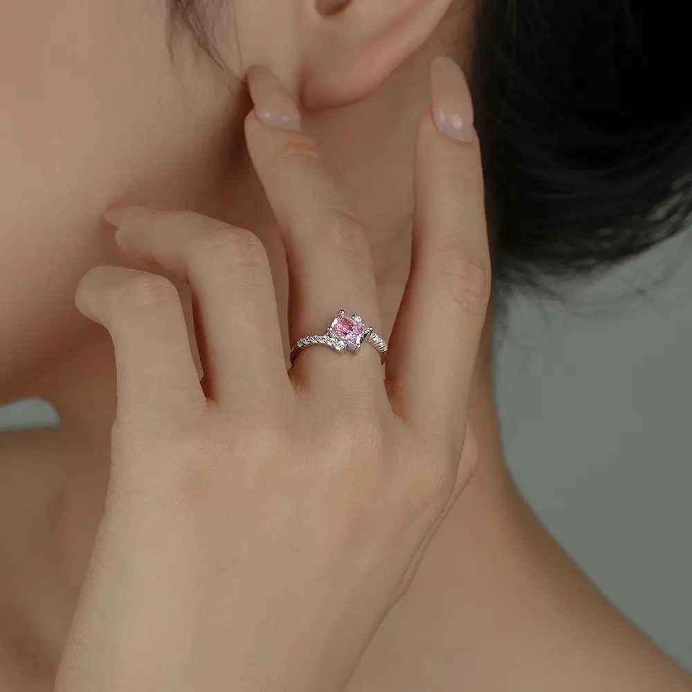 Grosir 925 perak murni perhiasan halus biru merah muda 5A berlian besar unik batu es keluar cincin mewah dapat disesuaikan