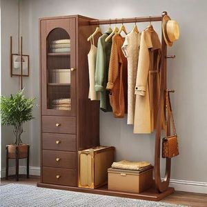 Perchero de madera maciza con cajones de almacenamiento y barra para colgar ropa, para organizar la ropa del dormitorio, acabado en nogal - Product Image 1