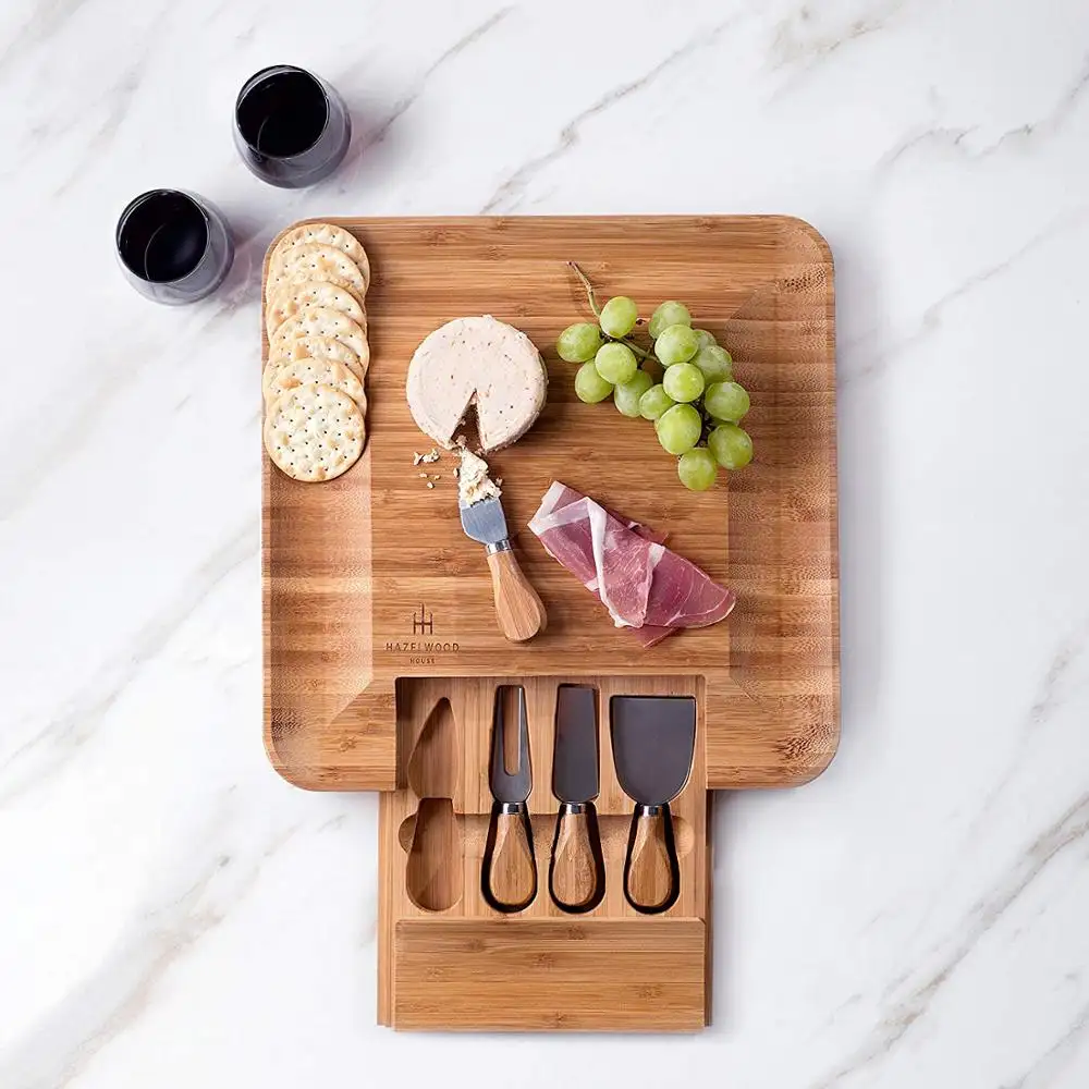 Premium Bamboo Cheese Board With A Hidden Drawer And 4 Stainless Steel Knives