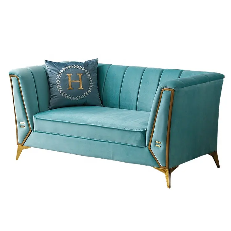 Stile italiano di lusso mobili per la casa di ferro gambe In acciaio inox soggiorno blu di velluto Chesterfield divano set