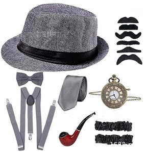 Disfraz de Cosplay de El Gran Gatsby, Conjunto de Accesorios de Gánster de los Años 20 <span class=keywords><strong>para</strong></span> Hombre - Sombrero Fedora, <span class=keywords><strong>Tirantes</strong></span>, Brazaletes, Corbata de Moño - Product Image 5