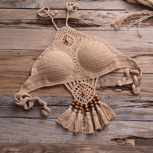 Women <b>Crocheted</b> Two Piece Bikini <b>Set</b> Halter Top Shorts Solid Color Tassel Decoration Handmade Beachwear - Product Image 5