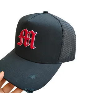 Personalizzato 5 pannello Berretti Da Baseball della maglia 3D Ricamo contorno distressed logo trucker cappelli