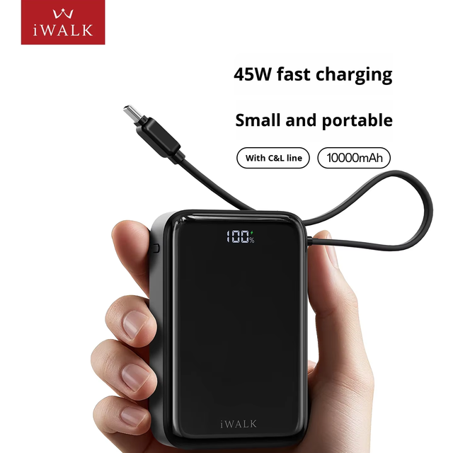 IWALK Power Bank 3C Certified Built-in Cable 45W Fast Charging Dual Cable Switchable 10000mAh Mini Portable Charger with Stand