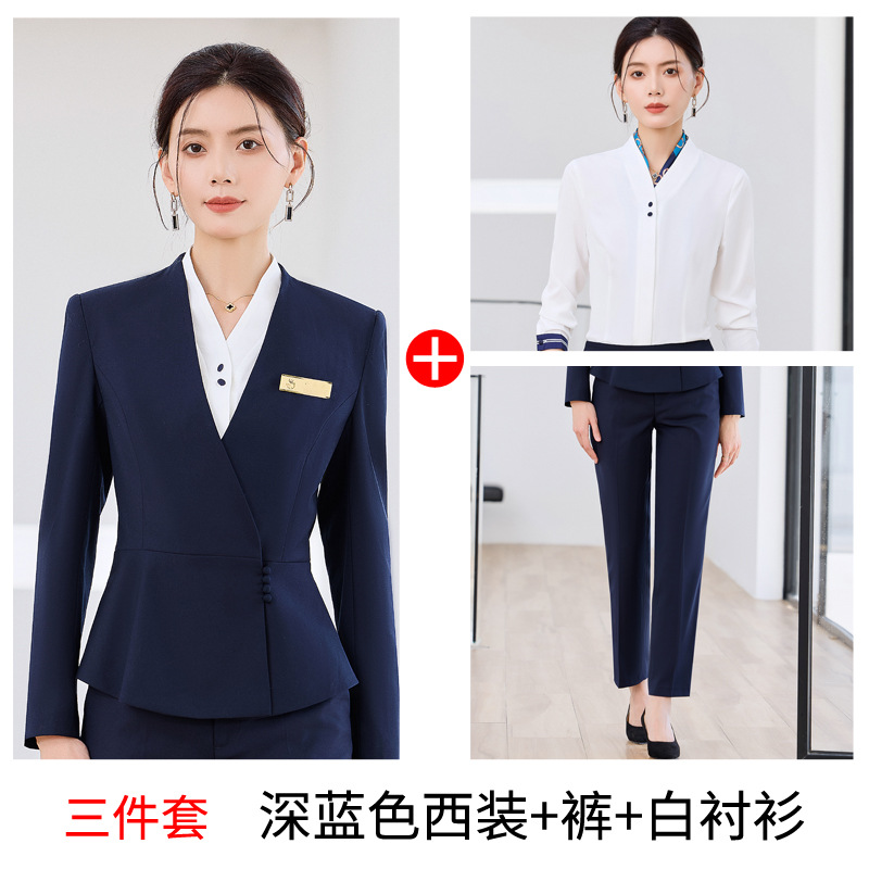 Three-piece suit: dark blue suit pants and white shirt