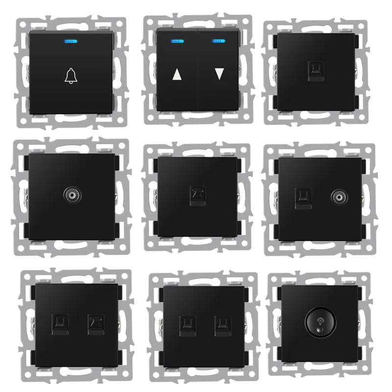 Modul terpasang di dinding dengan panel kaca sentuh hitam gaya Eropa, fungsi tombol sakelar soket TV daya dapat digabungkan secara bebas