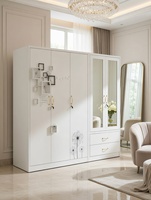 Armario Metálico con Puertas Batientes, Base Blanca, Vetas Doradas de Mármol, con Espejo y Cajones, Muebles Modernos para Dormitorio