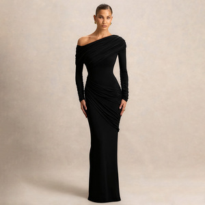 Abito Elegante da Donna a Maniche Lunghe, Monospalla Drappeggiato, Aderente, con Logo Personalizzato - Product Image 3