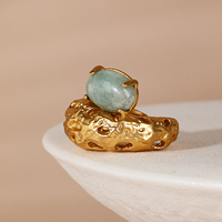 Bague en or martelé irrégulière et creuse avec pierre ovale naturelle, ajustable, style vintage, bijou artisanal pour femme, vente en gros
