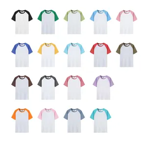 사용자 정의 디자인 좋은 품질 라글란 짧은 소매 티셔츠 컬러 블록 스레드 넥 라인 O-넥 100% 순면 계획 남성용 티셔츠