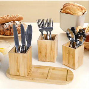 Caja de almacenamiento de cubiertos de bambú, organizador de cocina Rectangular con 3 compartimentos, soporte de escritorio ecológico para tenedores, cucharas y cuchillos - Product Image 3