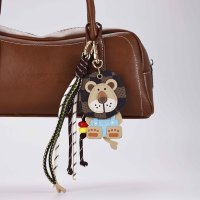 Porte-clés et breloques de sac personnalisés, mignons, en cuir PU, motifs animaux et fruits de dessin animé, avec corde tressée colorée faite main et pendentif boule porte-bonheur tressée