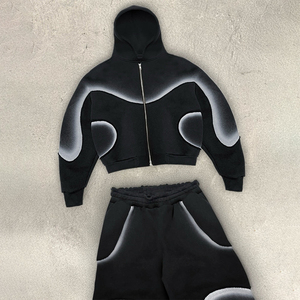 Ensemble survêtement polaire KIingSen pour homme, broderie 3D, coupe et couture, respirant, avec sweat à capuche zippé et pantalon ample, style streetwear hiver, 440g, motif - Product Image 2