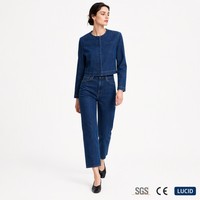 Ensemble tailleur femme en jean bleu foncé 11oz, veste courte sans col à boutons dissimulés et jean coupe droite, OEM XS-5XL