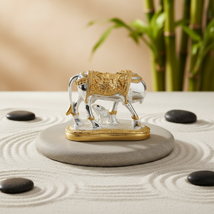 White Silver-Plated Metal 3D Polished Cow Calf Om Symbol Handmade Modern Religious Antique Collectible Decorative Pooja <b>Mandir</b> - Product Image 1