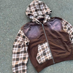 Sweat à capuche zippé en molleton de coton épais 400 g/m² avec patchwork en flanelle médiathèque, délavage vintage, style streetwear, personnalisé pour homme - Product Image 2