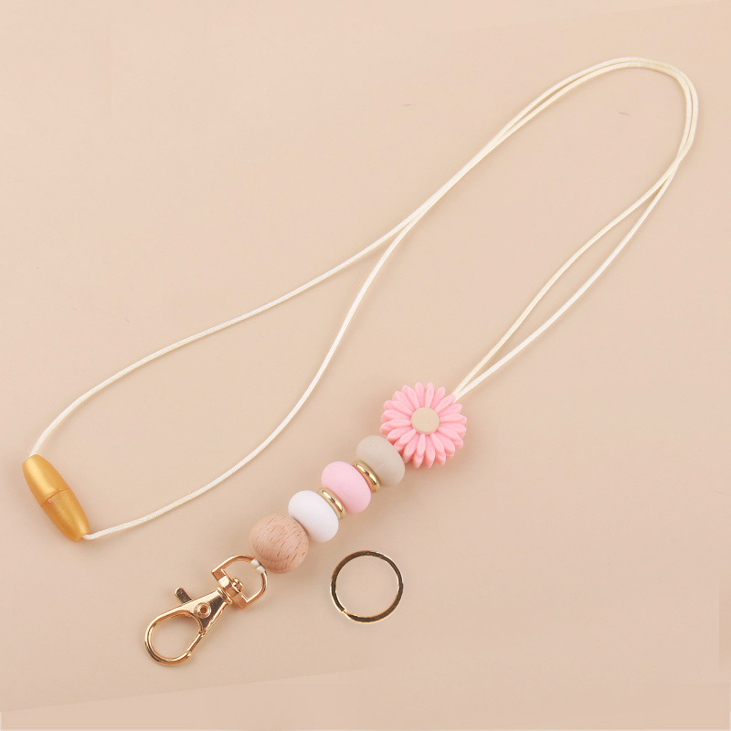 Fashion Colorful Daisy Flower Charm Key Ring Badge Holder Wooden Silicone Beaded Lanyard With Clip for Teachers Students Jewelry