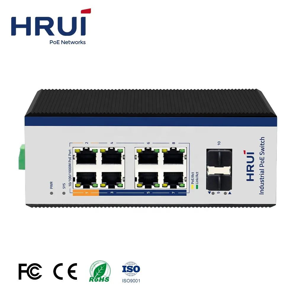 HRUI उच्च प्रदर्शन PoE स्विच 8 बंदरगाहों गीगाबिट 2.5G SFP BT90W IP40 संरक्षण L2 + प्रबंधित औद्योगिक PoE स्विच
