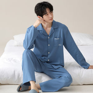 Nuovo <span class=keywords><strong>pigiama</strong></span> da <span class=keywords><strong>uomo</strong></span> in cotone, camicia e pantaloni a <span class=keywords><strong>maniche</strong></span> <span class=keywords><strong>lunghe</strong></span>, abbigliamento Casual in cotone con bottoni per giovani uomini - Product Image 5