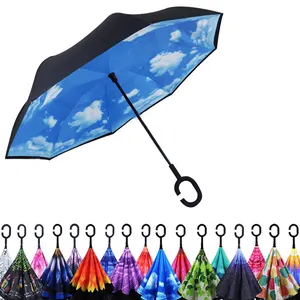 ZD088 C Shaped Handle Car Inverted Bumbleshoot Hands Free Double Layer Parasol Self Stand Upside Straight Reverse Umbrellas