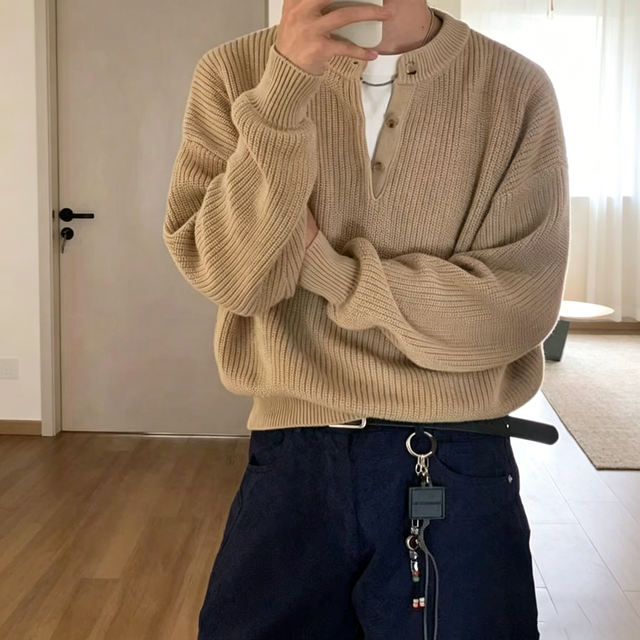 High Quality Men's Retro Ribbed Knitted Sweater Henley Neck Button Casual Loose Fit Long Sleeve Pullover Sweaters for Men