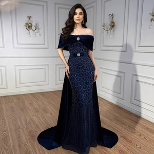 Serene Hill LA73416 Navy Blue <strong>Velvet</strong> <strong>Off</strong> <strong>Shoulder</strong> Evening <strong>Dress</strong> Mermaid Beaded Formal Party Gown with Removable Belt - Product Image 1