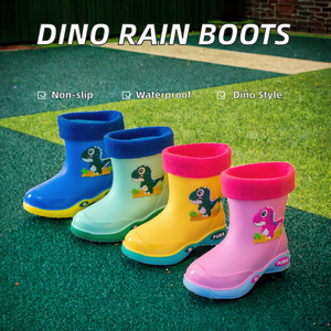 كرتون ديناصور مقاوم للماء حذاء مطر للأطفال بطانة مخملية دافئة قابلة للفصل مانعة للانزلاق طوال الموسم للتخييم في الهواء الطلق - Product Image 2
