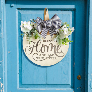 Decorazione con Fiori Artificiali, Fiocco e Targa Sospesa, Insegna di Benvenuto in <span class=keywords><strong>Legno</strong></span> con Design Inciso in Stile Rustico - Product Image 4