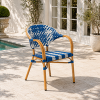 Fauteuil de bistrot français moderne et durable pour l'extérieur, bleu et blanc, en rotin PE tressé, avec structure en aluminium, pour restaurant, cour, jardin, balcon