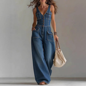 <span class=keywords><strong>Combinaison</strong></span> en <span class=keywords><strong>jean</strong></span> délavé style sexy, taille ajustée, coupe droite, sans manches, printemps - Product Image 2
