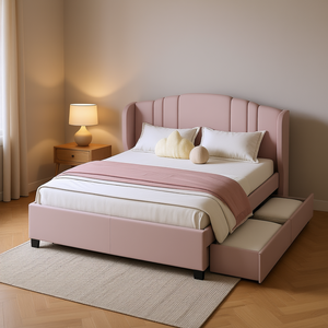 Lit plateforme rembourré Queen Size avec tête de lit à volants, lit gigogne double, 2 tiroirs, tissu en lin, lit moderne et confortable - Product Image 2