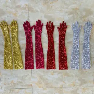 ZSY Wholesale In Bulk Colored sparkling Gold Red Black Mesh Bridal Party Festival Gloves Tight Full Finger Sequin lace Glove