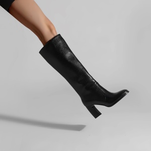 Bottes hautes en <span class=keywords><strong>cuir</strong></span> grainé pour femmes, bottes à <span class=keywords><strong>talon</strong></span> bloc épais et bout rond, chaussures d'hiver chaudes pour la vente en gros et au détail - Product Image 3