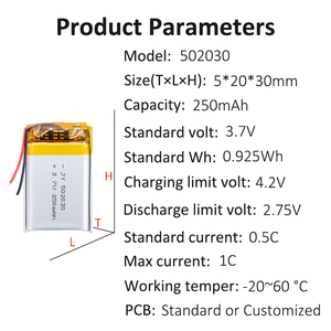 맞춤형 OEM 1800mAh 1200mAh 850mAh 500mAh 충전식 103450 리튬 이온 리튬 폴리머 <span class=keywords><strong>3.7v</strong></span> 2200mAh 리포 배터리 - Product Image 3
