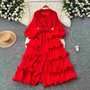 Vestido Midi Plisado con Cuello Vuelto Estilo Vintage Primavera 2025 para Mujer, Manga Linterna, Estampado Digital Casual con Volantes y Encaje - Product Image 1