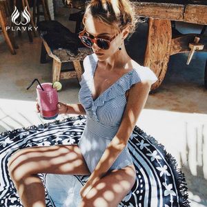 Maillot <span class=keywords><strong>de</strong></span> bain une pièce sexy à rayures et volants pour femmes et jeunes filles, décolleté plongeant, collection plage, offre spéciale - Product Image 2
