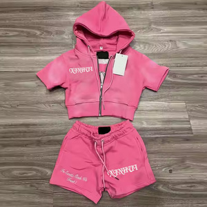 Custom 2 Piece <strong>Cotton</strong> Zip up Pink Cropped Top Acid Wash Jogger Sweatsuit Tracksuits Embroidered Hoodie and Short Set Women - Product Image 5