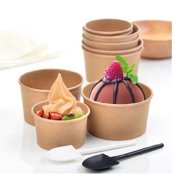 Disposable Factory Food Packing Hot Sell Kraft Paper Cup Container Ice Cream Salad Soup Paper Bowl with Lid