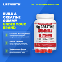 Gomitas de Creatina de Marca Privada LIFEWORTH, 5g de Monohidrato de Creatina, Sabor Sandía y Bayas, Rendimiento Muscular, 30-40 Porciones, OEM, ODM